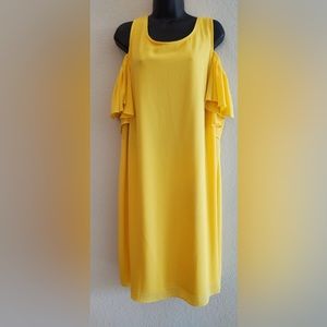 Est. 1946 Ruffled Cold Shoulder Ribbed Shift Mini Dress Straight Hem Yellow